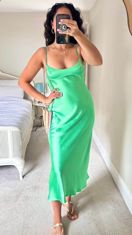 Zara pea green backless midi maxi slip dress medium M UK 10 vgc