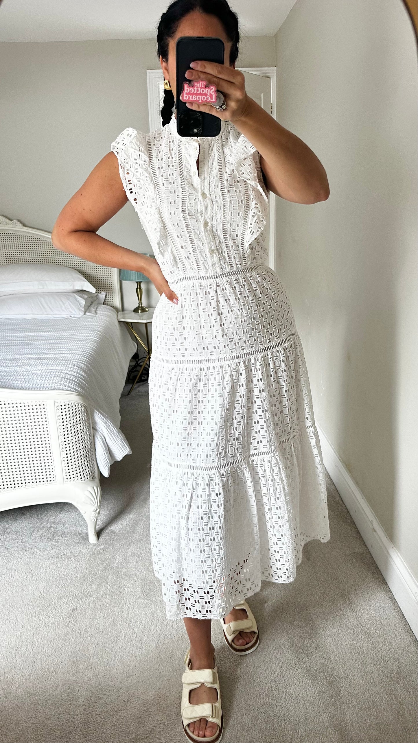 Jigsaw white broderie anglaise long midi holiday dress small UK 10 vgc