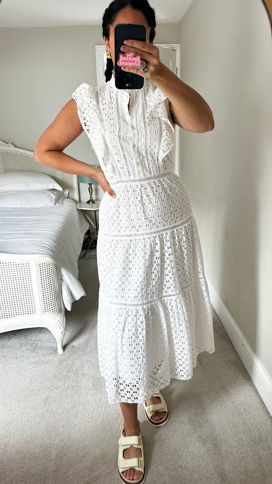 Jigsaw white broderie anglaise long midi holiday dress small UK 10 vgc