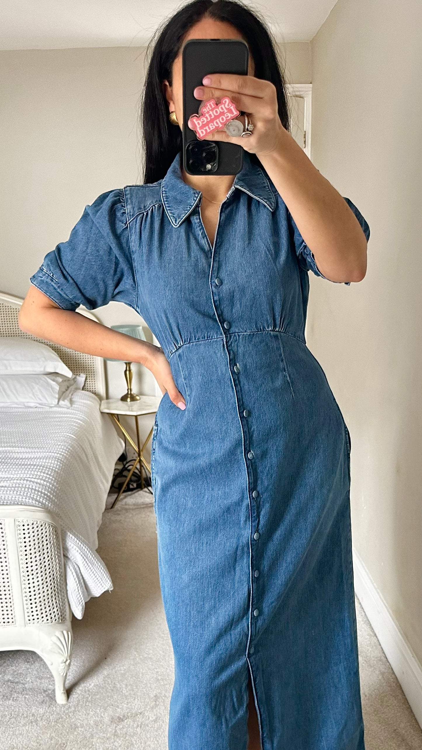 Phase Eight denim jeans blue button up casual midi dress small UK 10 vgc