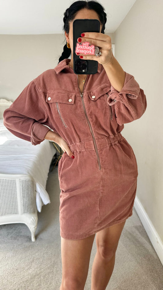 Topshop dusky pink corduroy zip up mini dress casual small UK 8 vgc