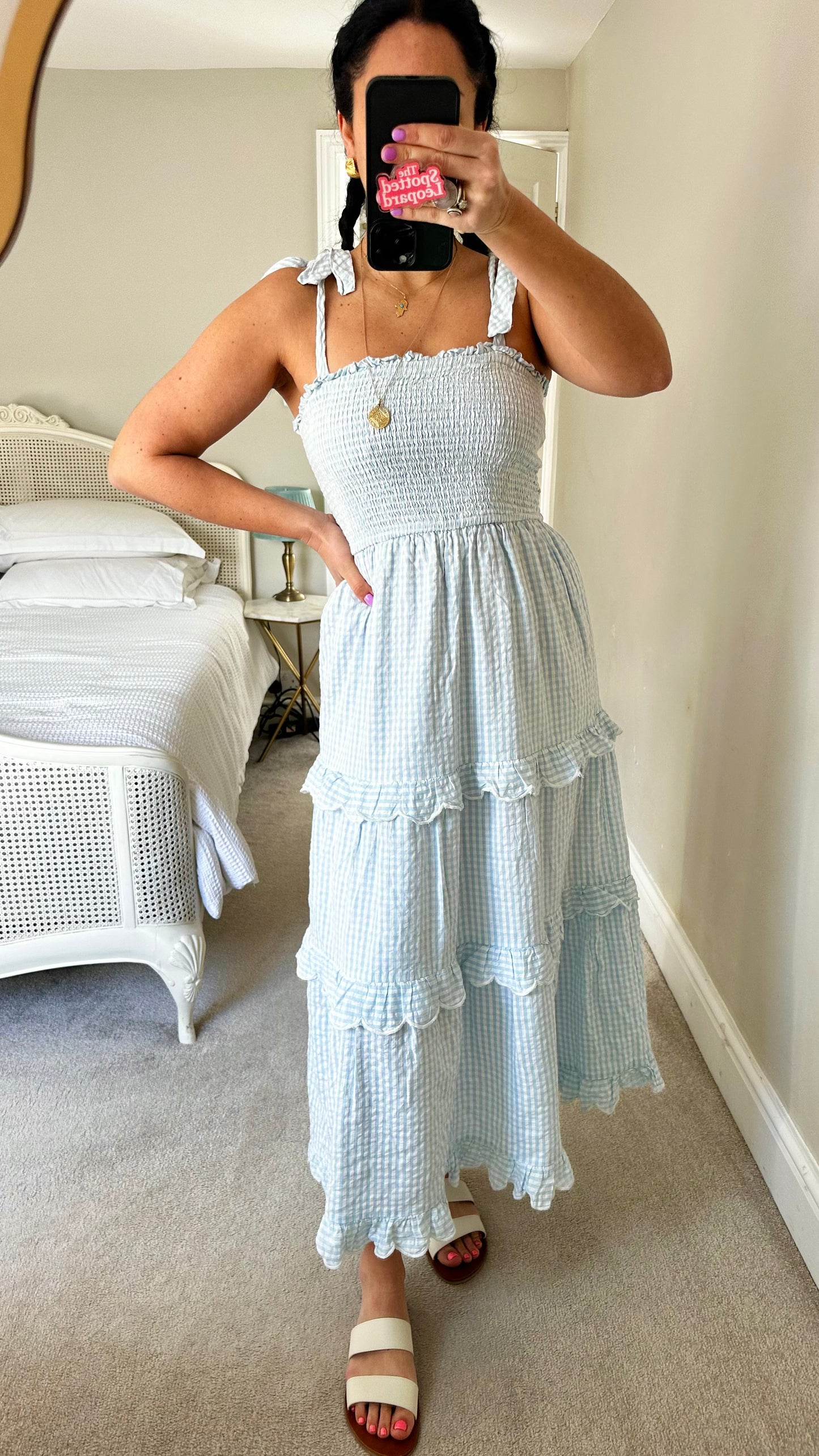 YAS light blue white gingham check long sun dress large UK 12-14