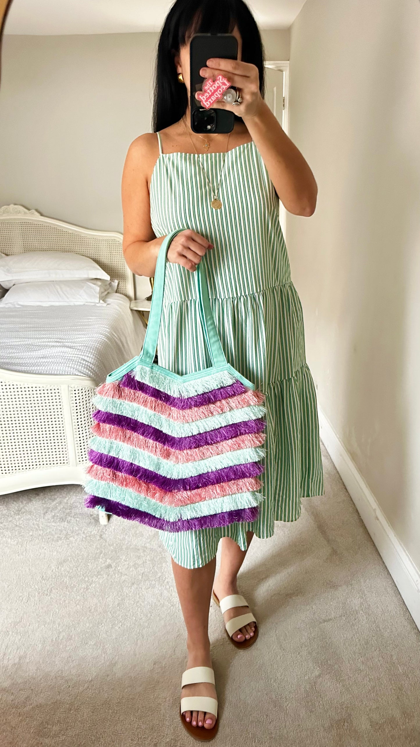 & other stories light green white stripe holiday dress medium UK 12 vgc tiered