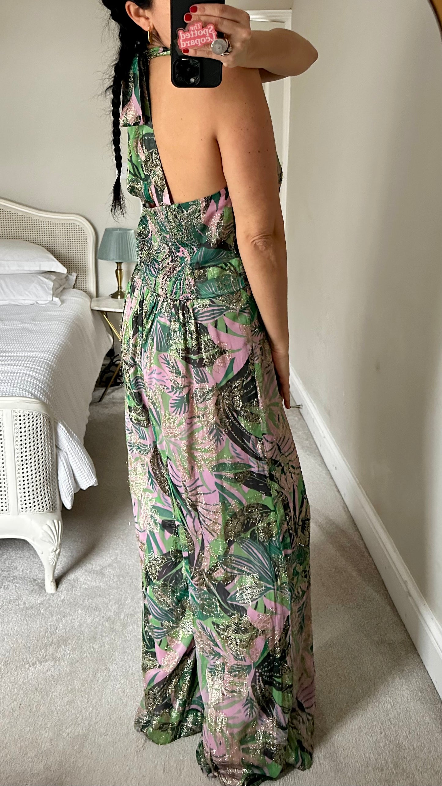 Oliver Bonas green pink gold jungle print halterneck jumpsuit trousersuit small UK 10 wedding guest event vgc