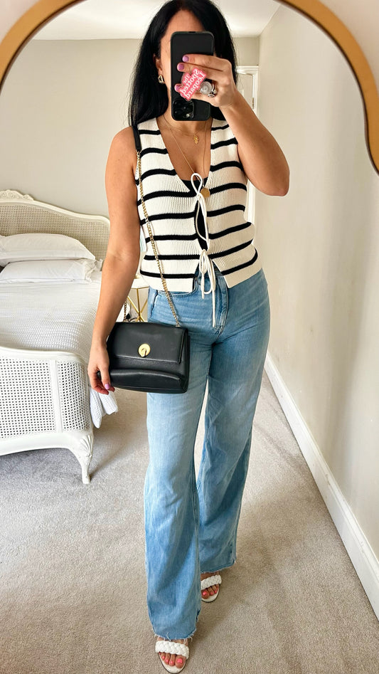 ASOS black white stripe tie waist waistcoat top small UK 8-10 vgc