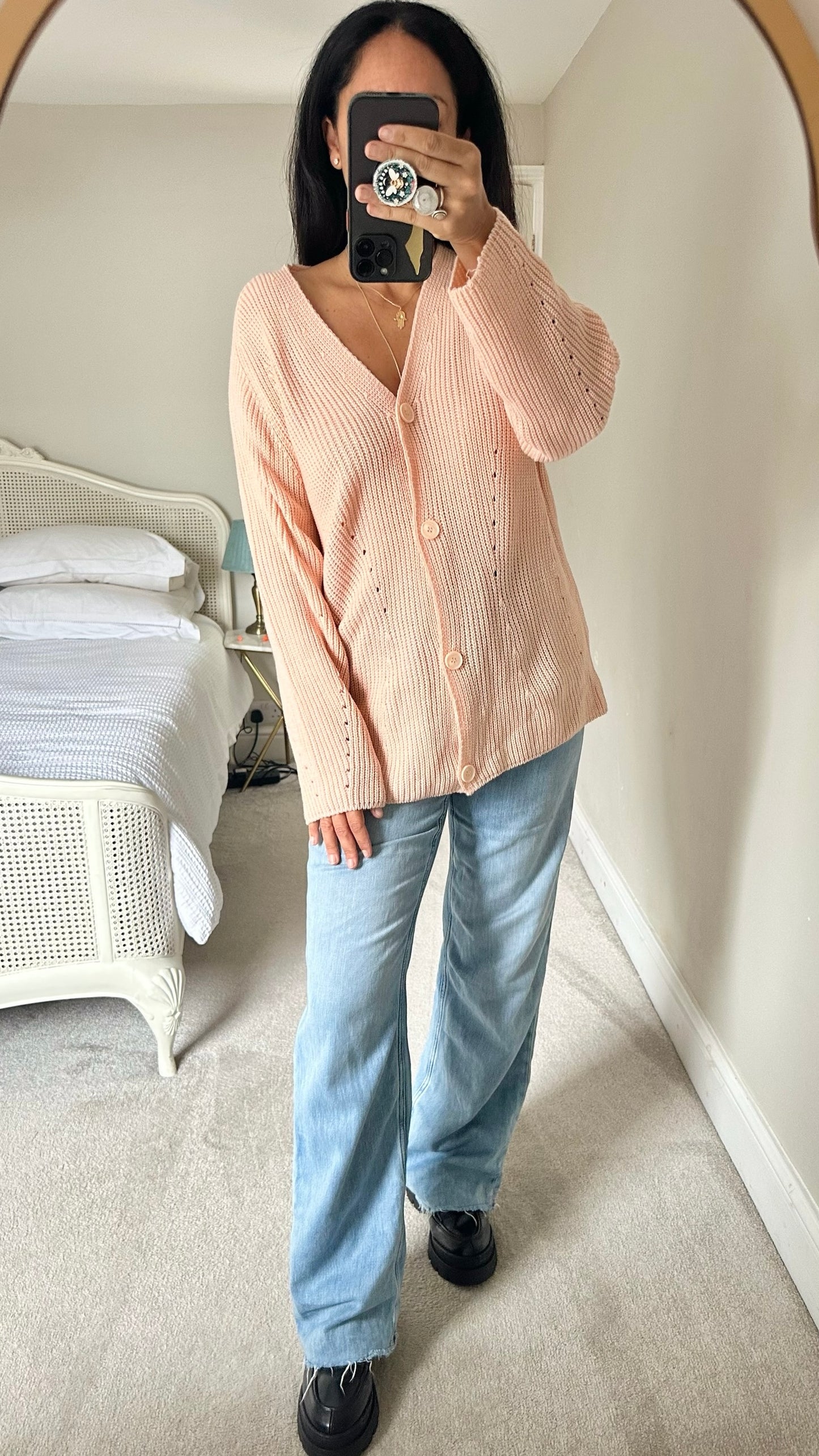 Olive soft pink oversized knitted button up cardigan L large UK 12-14 excellent used condition W25