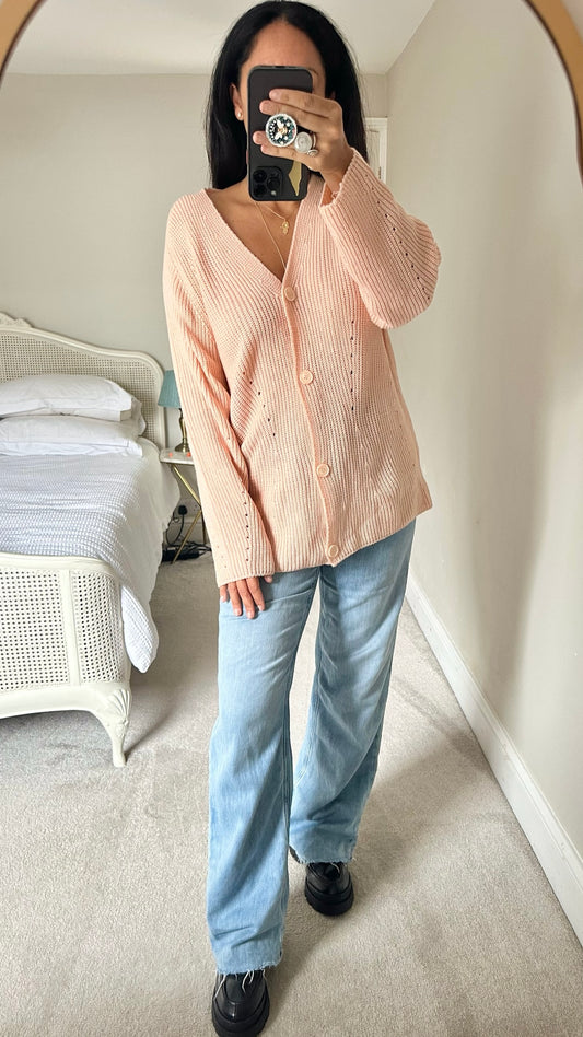 Olive soft pink oversized knitted button up cardigan L large UK 12-14 excellent used condition W25