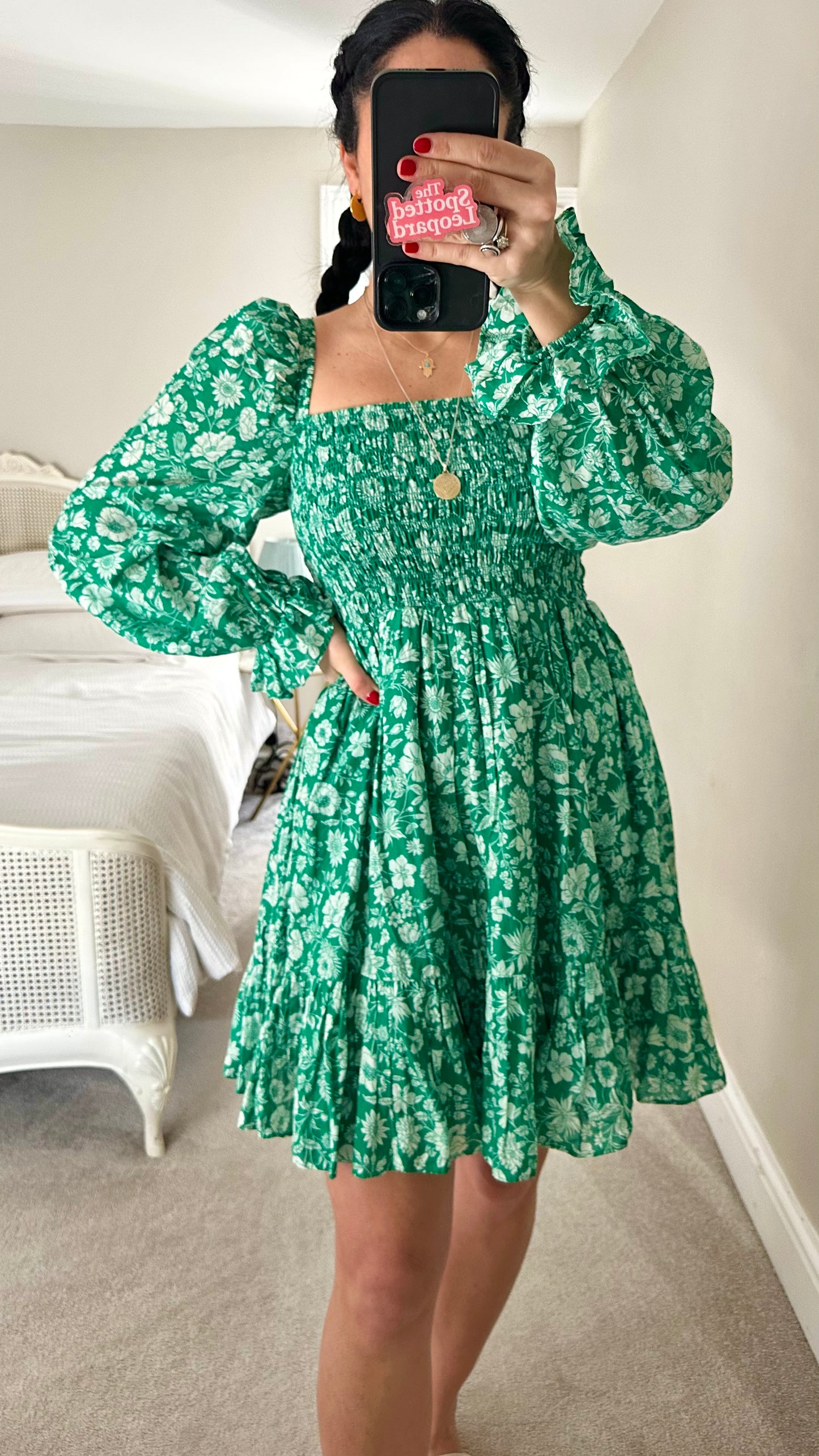 & other stories green white floral shirred bust dress small UK 10 mini holiday vgc