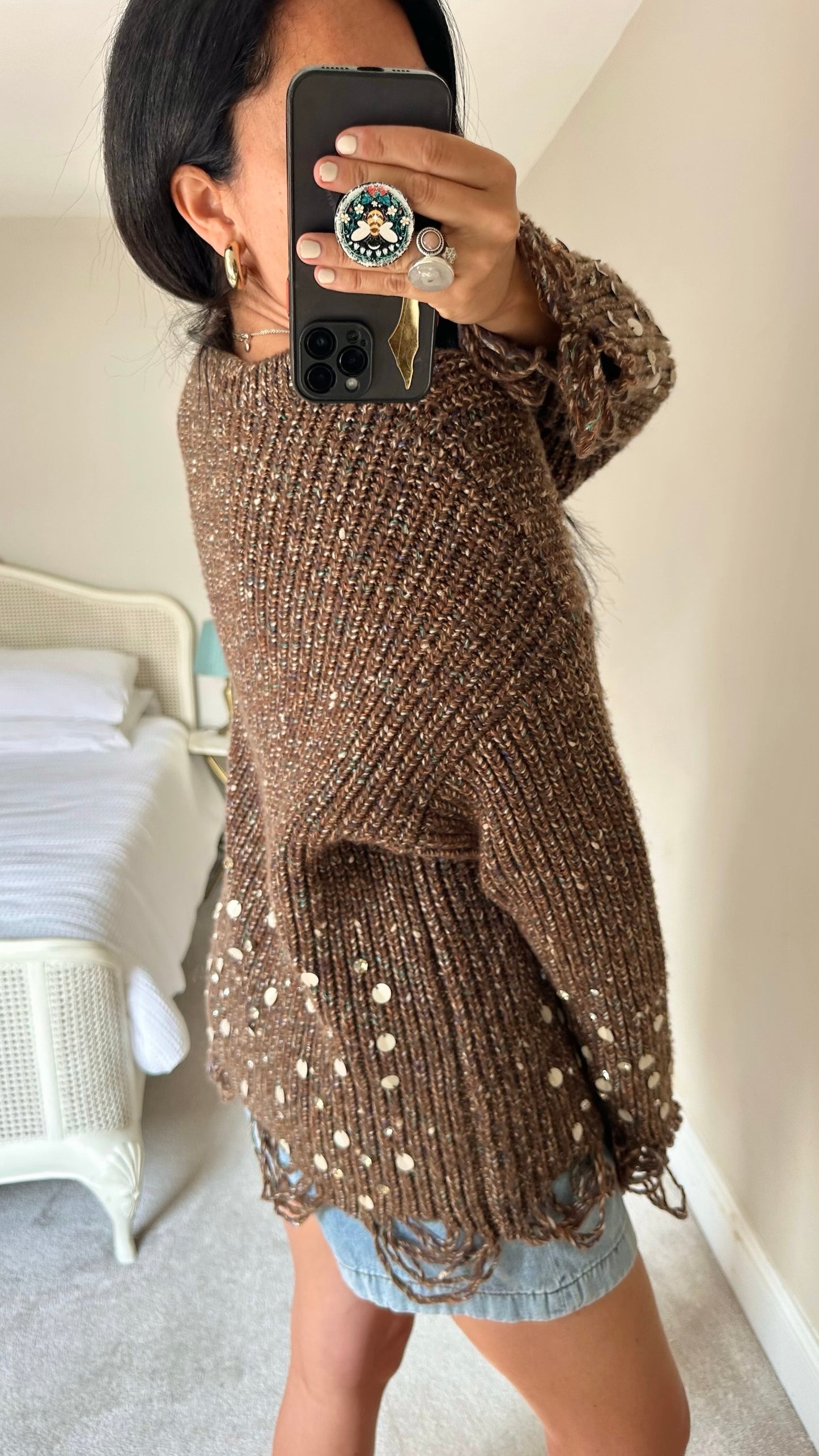 Zara brown sequin frayed hem oversize wool blend chunky knit jumper festival large L UK 12-14 new condition