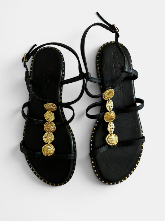 Cuchy @ Net a Porter black gold leather shell sandals flip flops shoes UK 5 EU 38 vgc