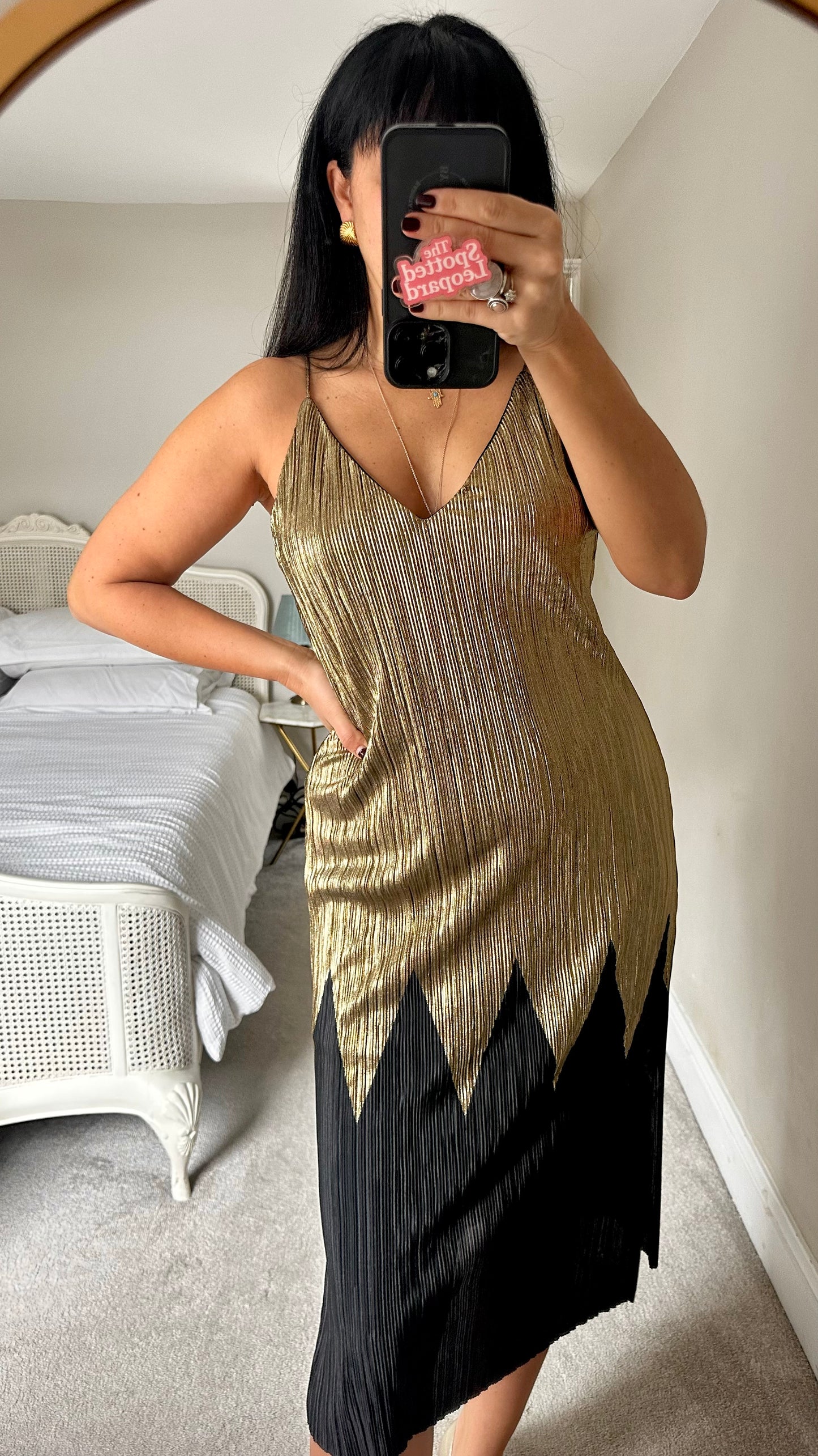 River Island gold black crinkle plissé midi long party event dress small medium UK 10