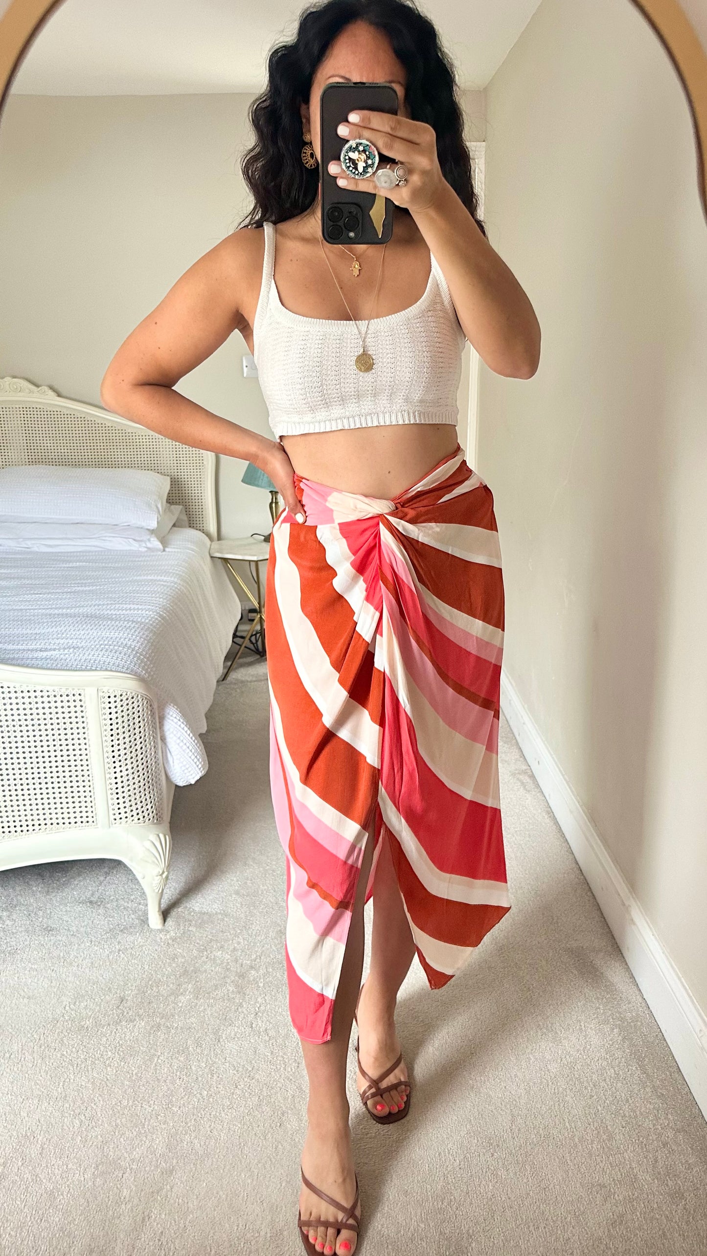Mango orange coral pink cream knot wrap midi long front split holiday skirt small UK 8-10 vgc