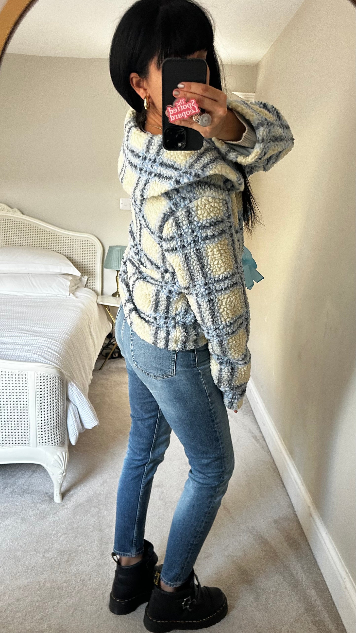 Damson Madder light blue cream gingham check tartan bow front coat fleece jacket medium UK 12 kitsch vgc