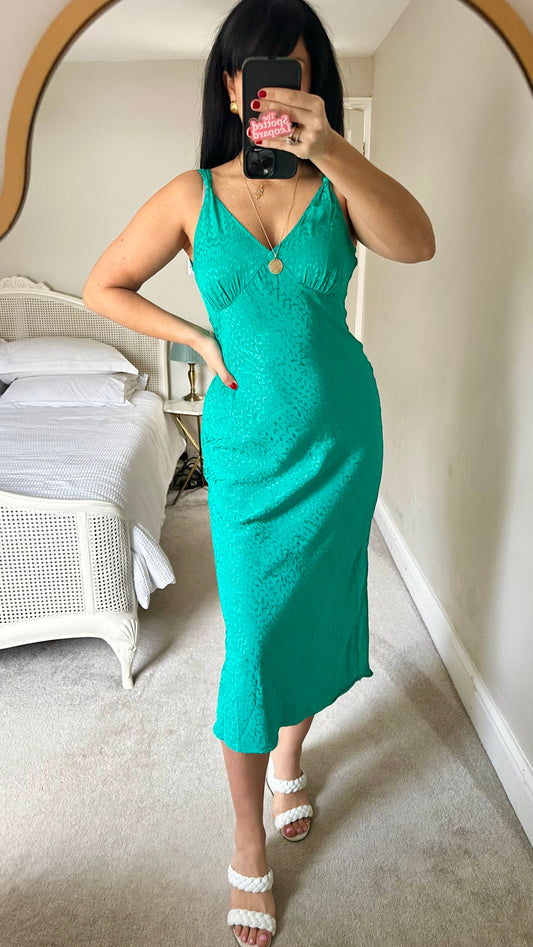 Oliver Bonas turquoise green animal print slinky midi long wedding guest dress small medium UK 8 12