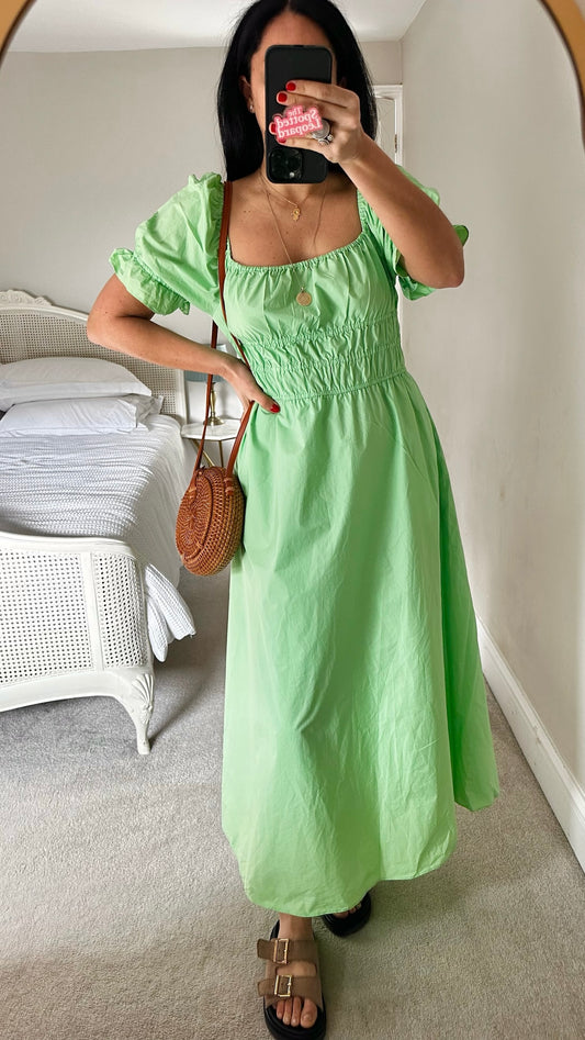 Second female @Anthropologie lime green shirred bust maxi holiday dress Large UK 14-16 excellent used condition