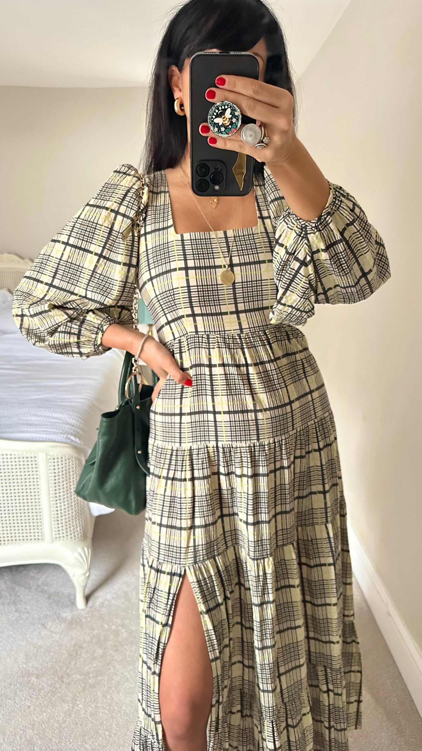 Topshop black beige green gingham maxi midaxi side split casual boho dress small UK 8 vgc