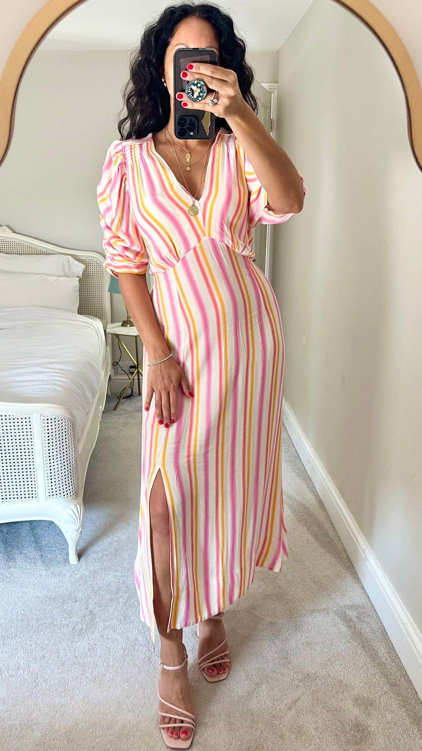 Oliver Bonas white pink orange stripe midi long wedding guest event dress medium UK 14 vgc