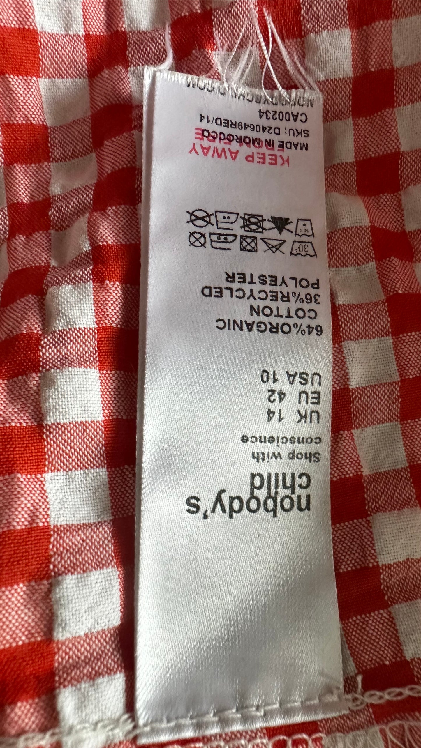 Nobody’s Child red white orange gingham check midi side split dress medium UK 14 vgc