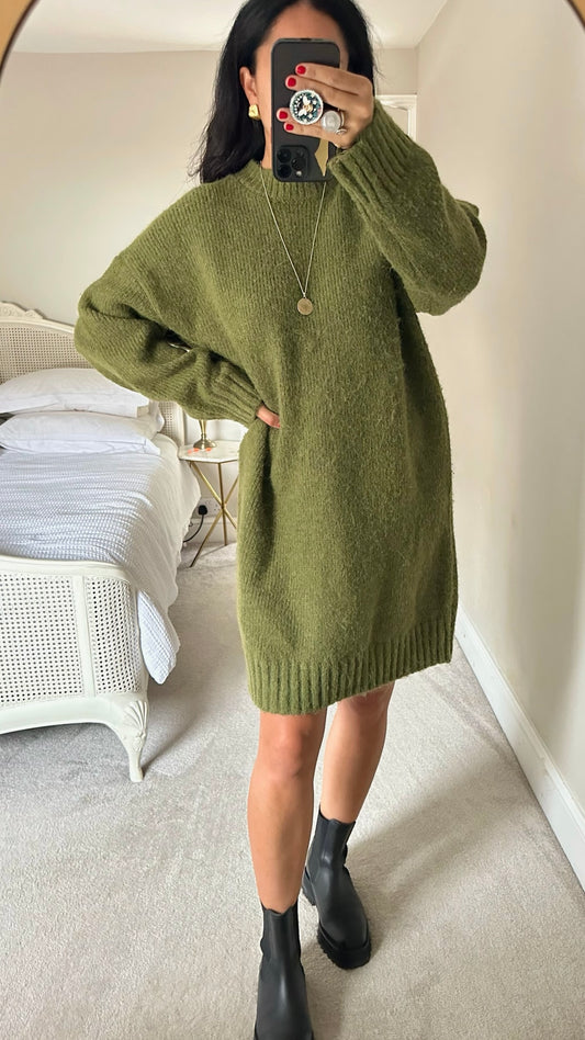 Topshop khaki olive green knitted jumper dress large UK 12 vgc w25 