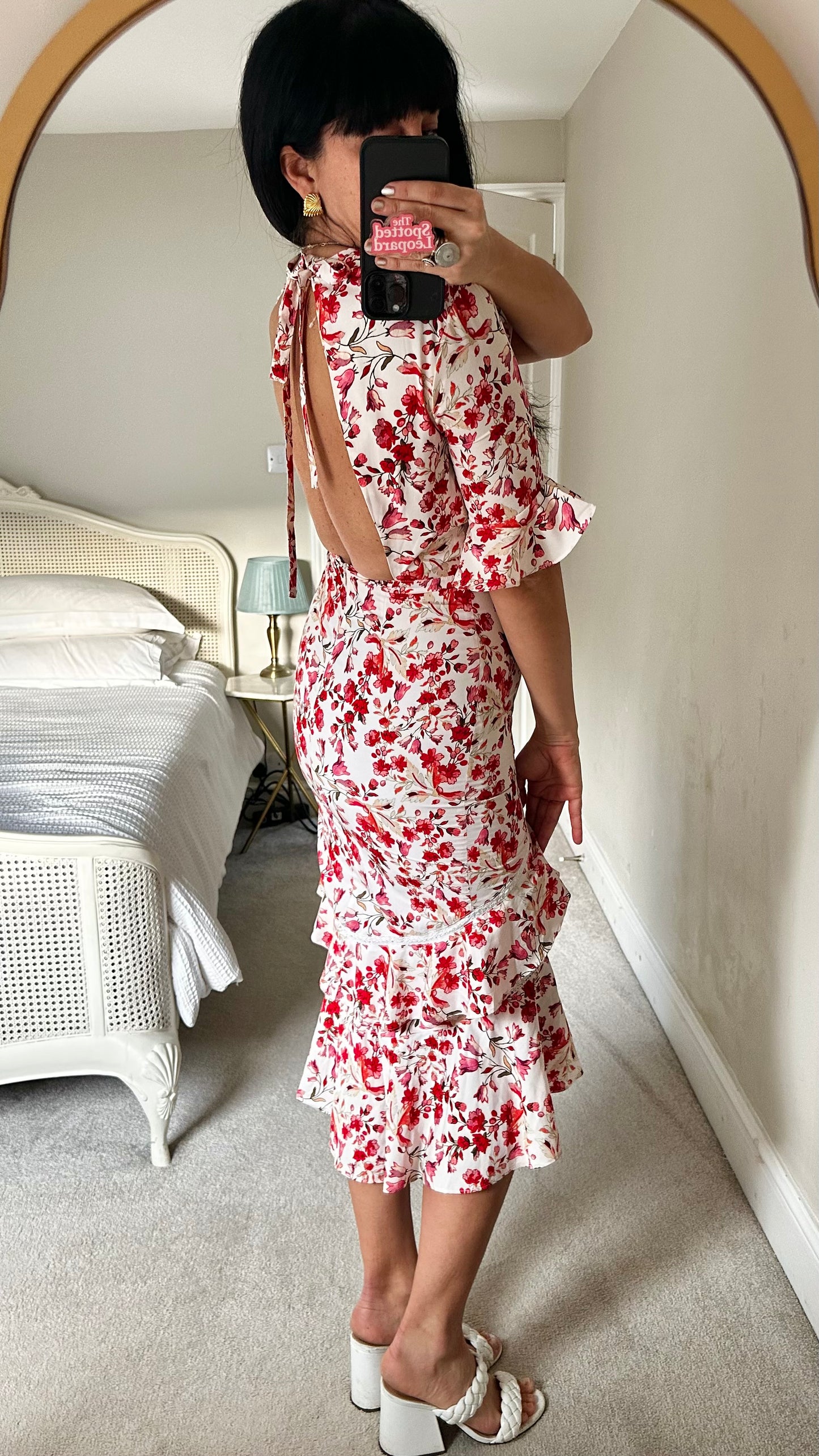 Hope & Ivy red cream floral tiered wedding guest dress small UK 8 vgc