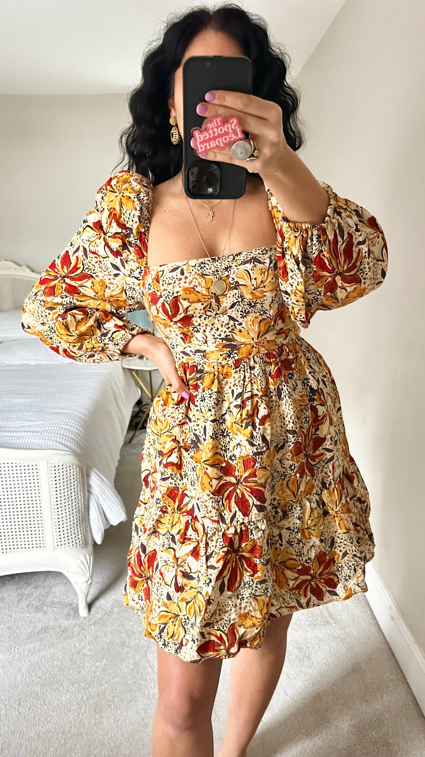 & other stories yellow brown Lilly print floral linen mini dress extra small UK 6