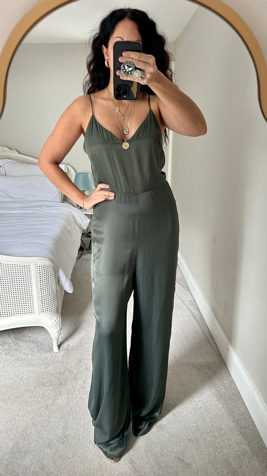 Zara olive khaki green satin jumpsuit extra large UK 14 new bnwt event