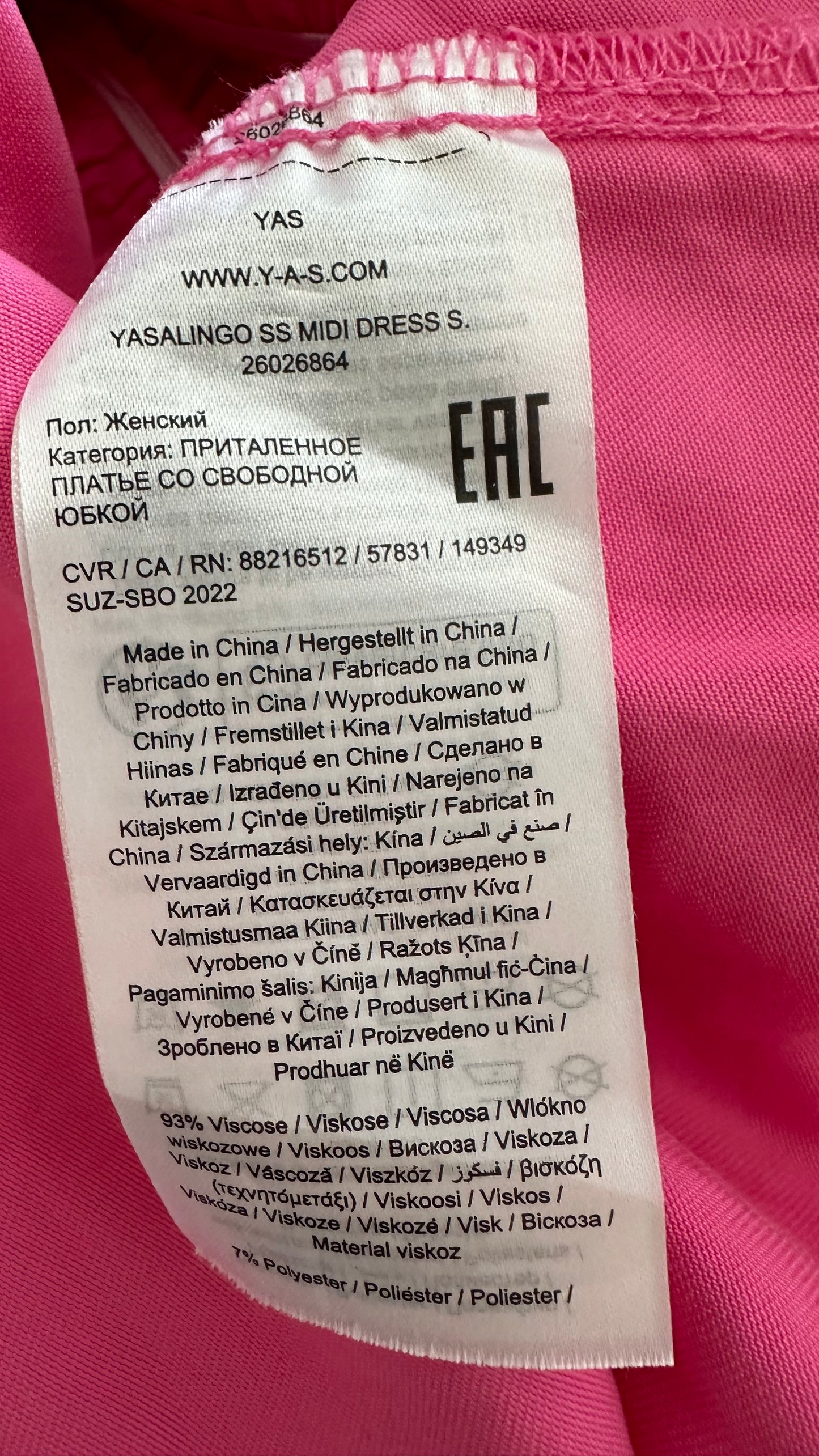 YAS fuschia pink rusched midi dress long wedding guest large UK 12-14 vgc