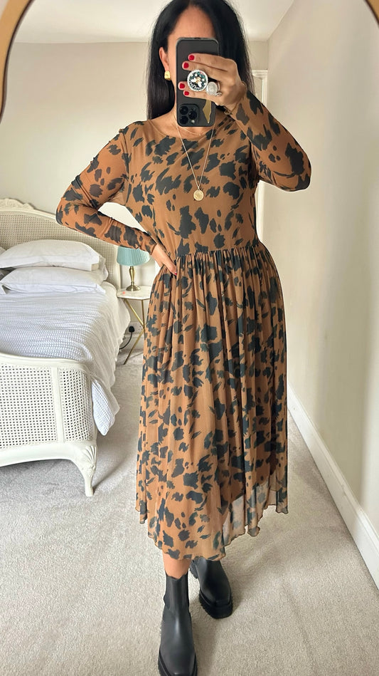 Numph @ Anthropologie brown black leopard animal print mesh dress midi medium UK 10 vgc w25
