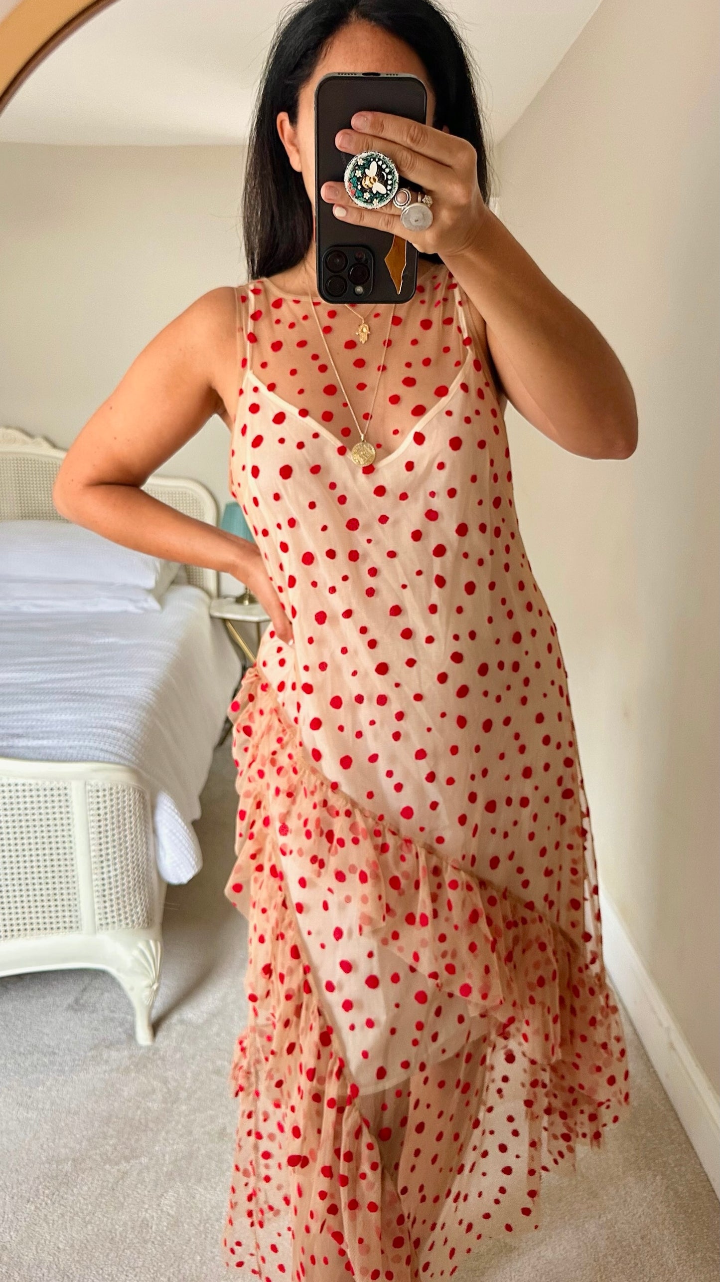 Zara beige red polka dot shift dress medium UK 12 vgc
