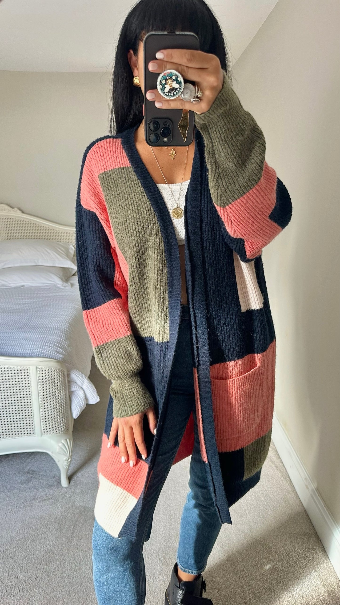 Numpth @Anthropologie navy blue coral khaki open knitted long cardigan jumper large L UK 12-14 excellent used condition