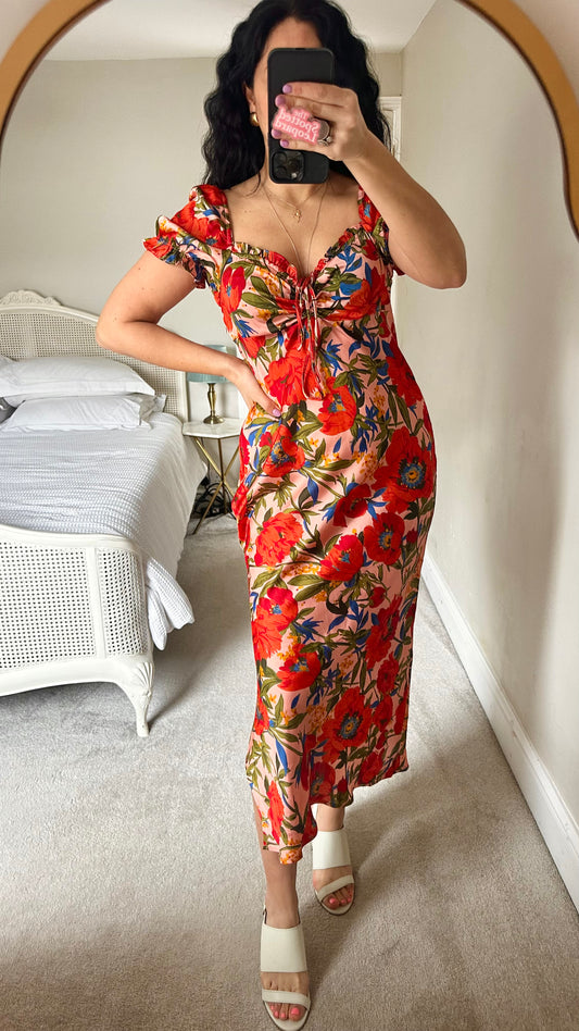 Topshop red pink satin feel rose floral midi dress long medium UK 12 vgc