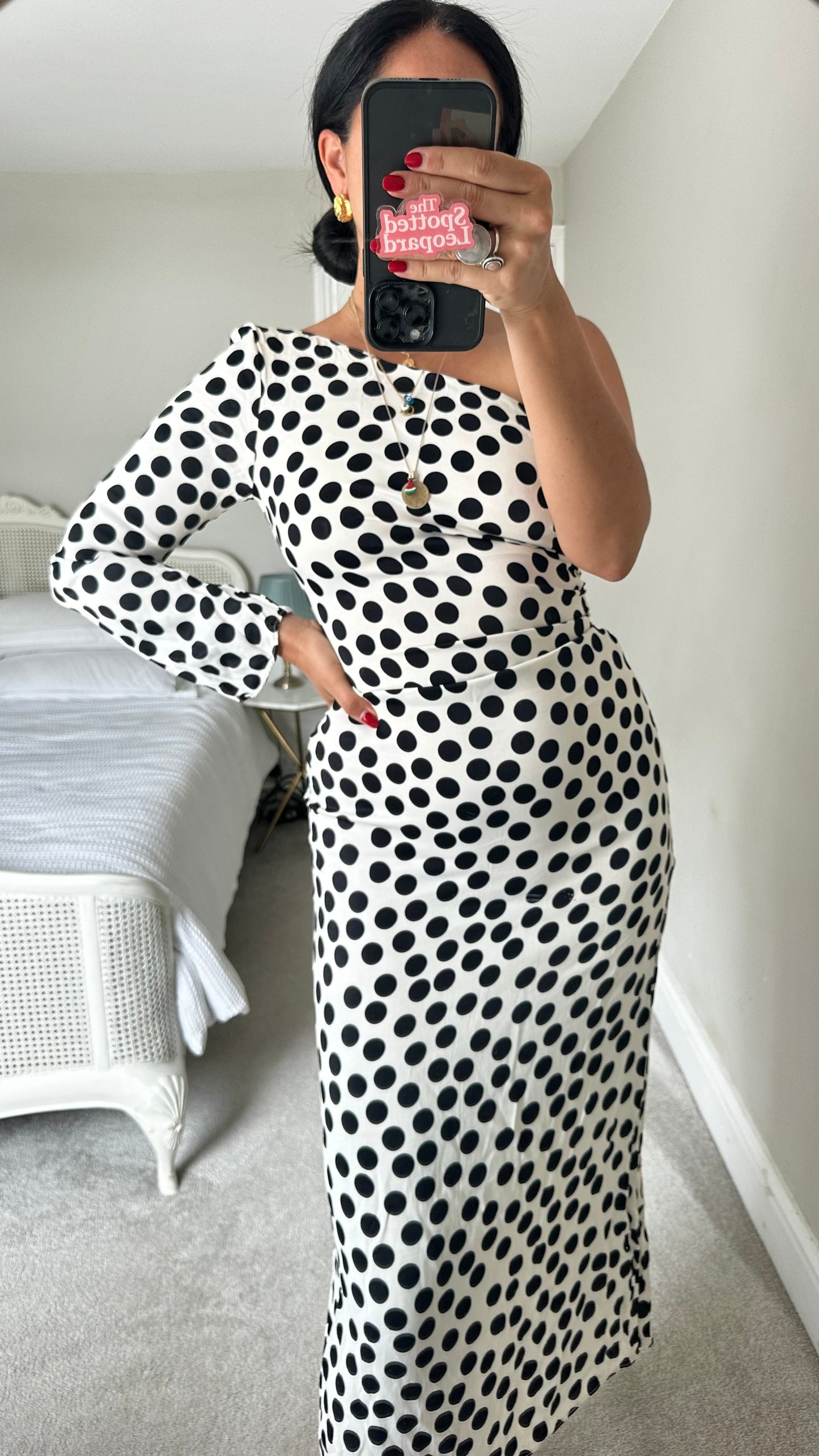 Mango white black polka dot one side midi dress long small UK 8-10 vgc