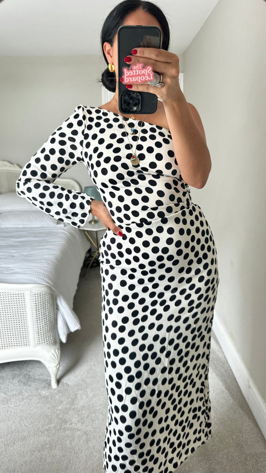 Mango white black polka dot one side midi dress long small UK 8-10 vgc