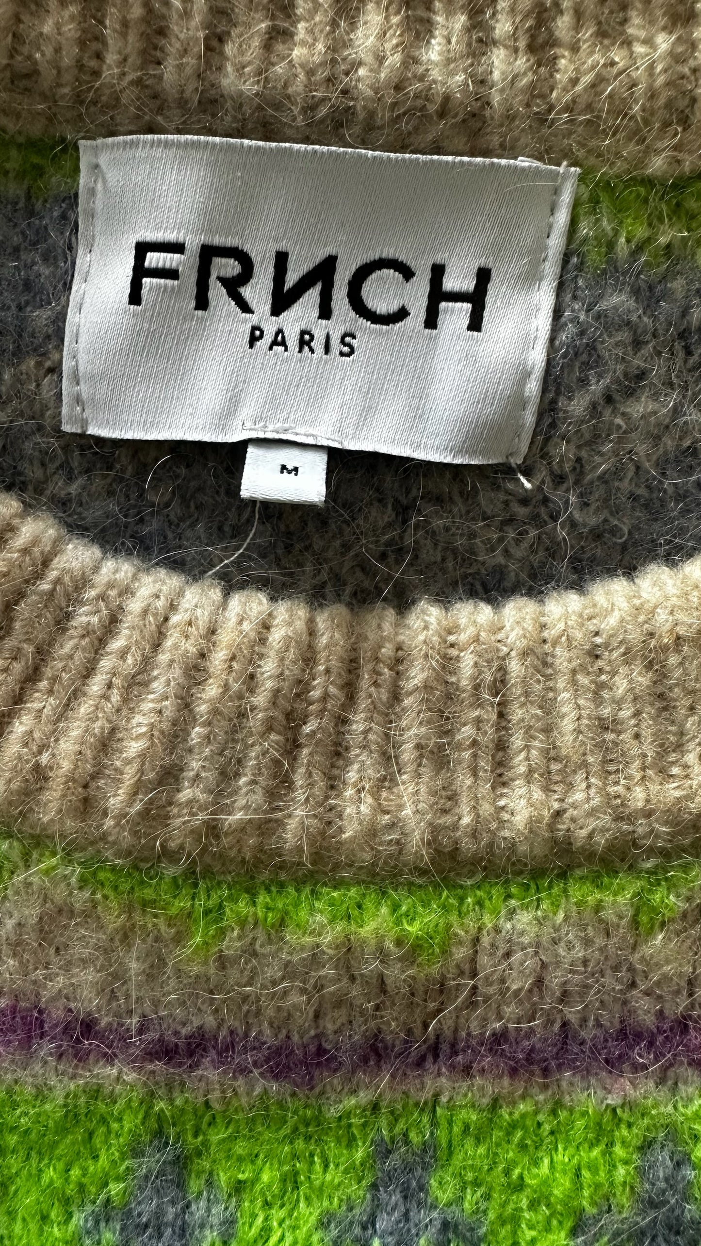 FRNCH lime green lilac aztec knitted jumper large UK 12 vgc