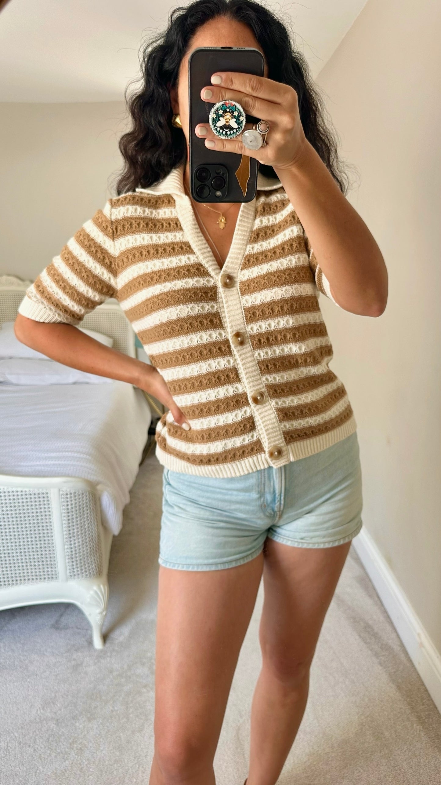 Y.A.S cream tan brown stripe crochet button up short sleeve top small medium SM UK 8-10 vgc