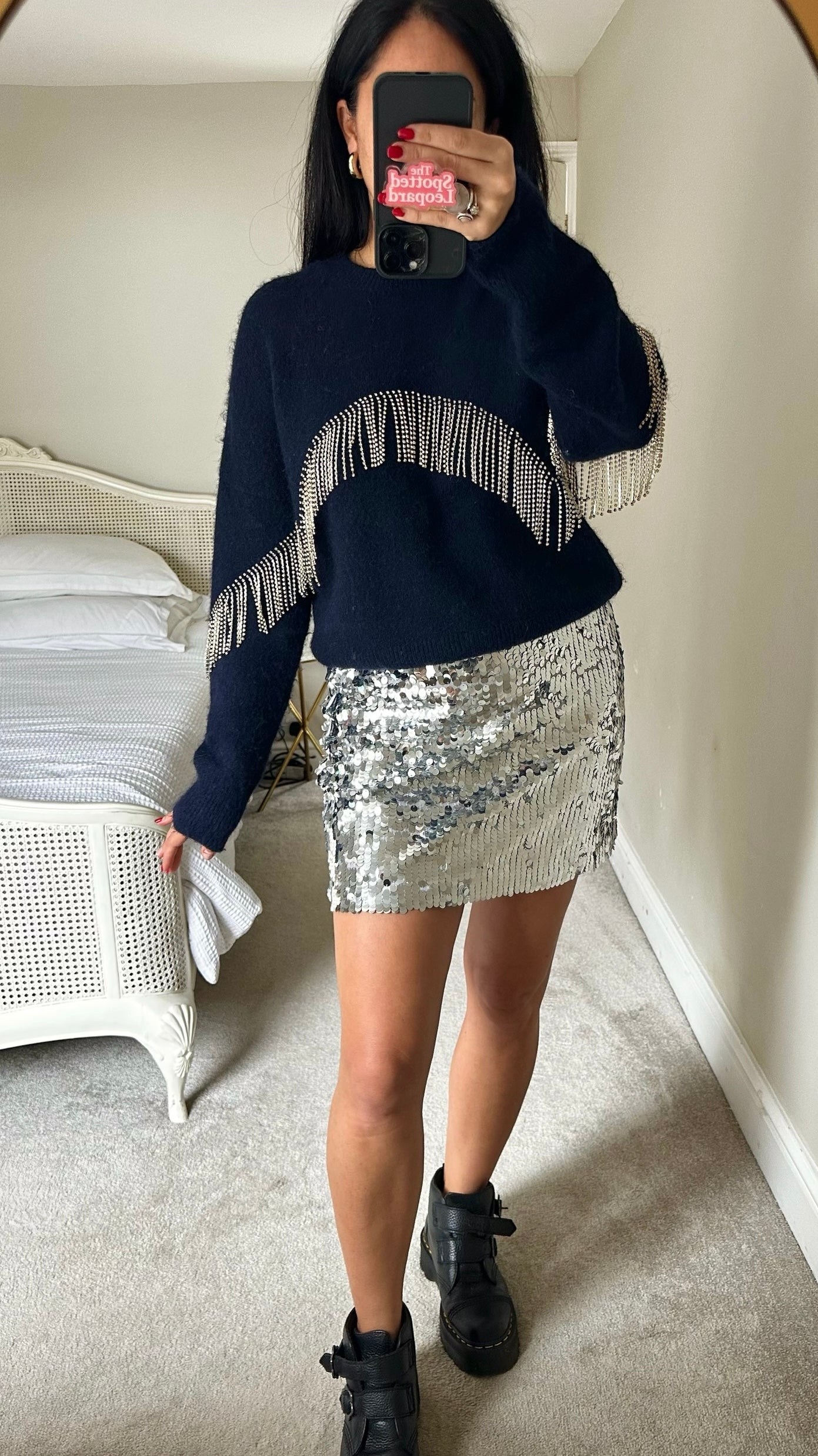 Feather & bone @ Anthropologie silver sequin event mini skirt medium UK 10 vgc XMS25
