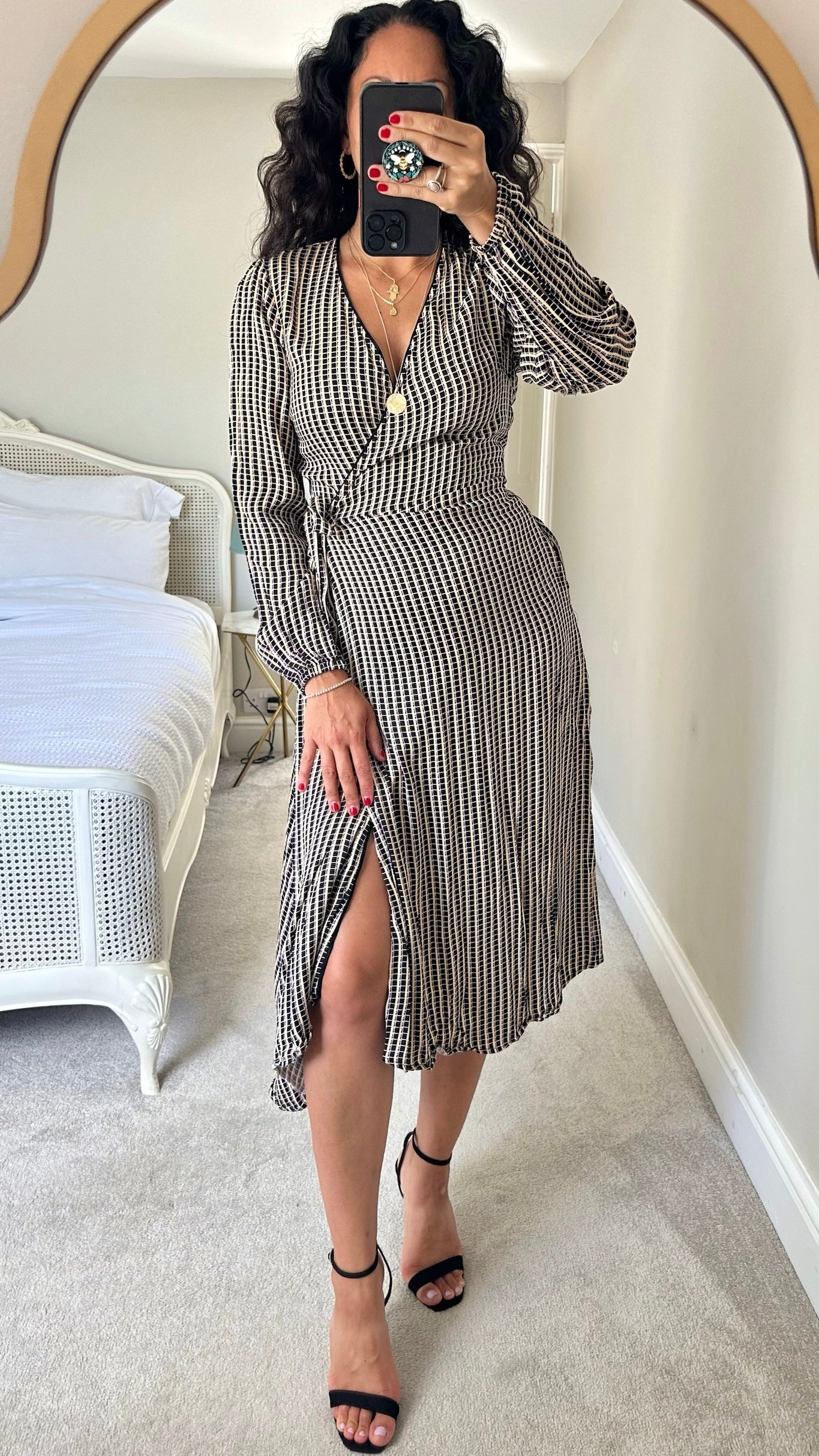 Second Female black and white check stripe office wrap midi dress small S UK 8 10