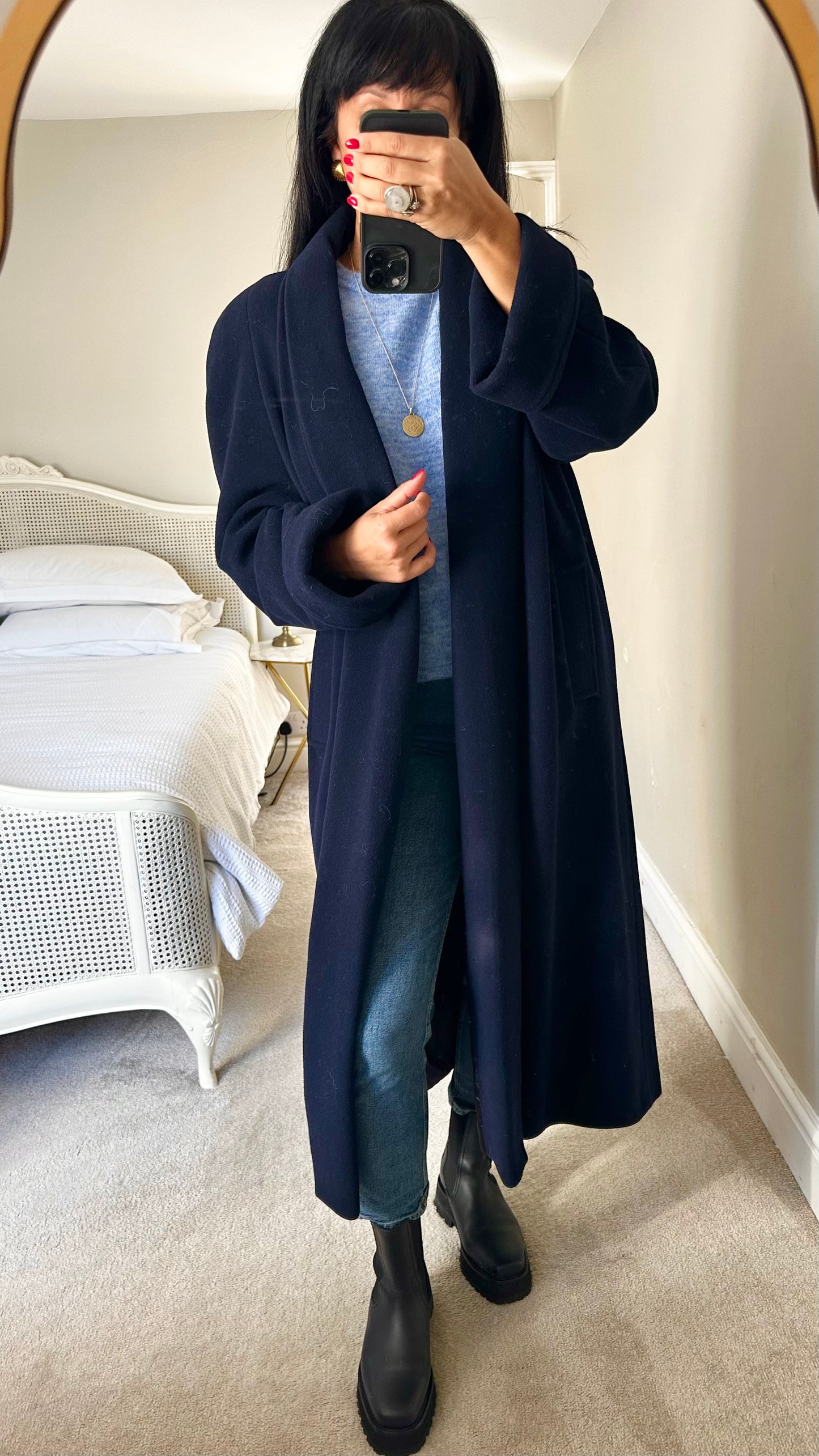 Richard vintage navy blue cashmere wool blend longline maxi coat extra large XL UK 14 excellent used condition