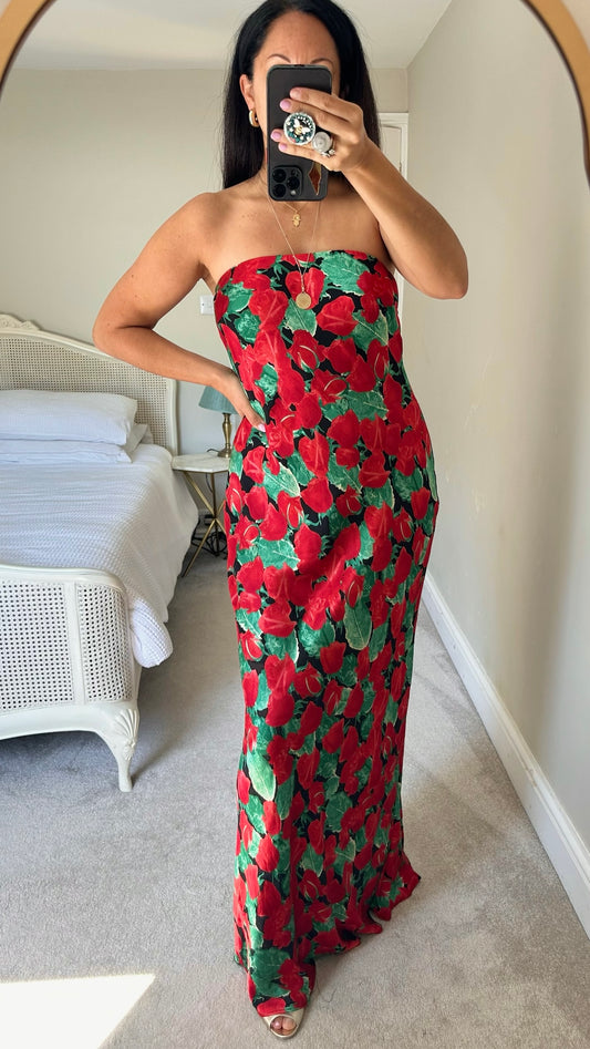 Anthropologie black red rose print strapless bandeau maxi dress wedding guest/event extra large XL UK 12-14 BNWT