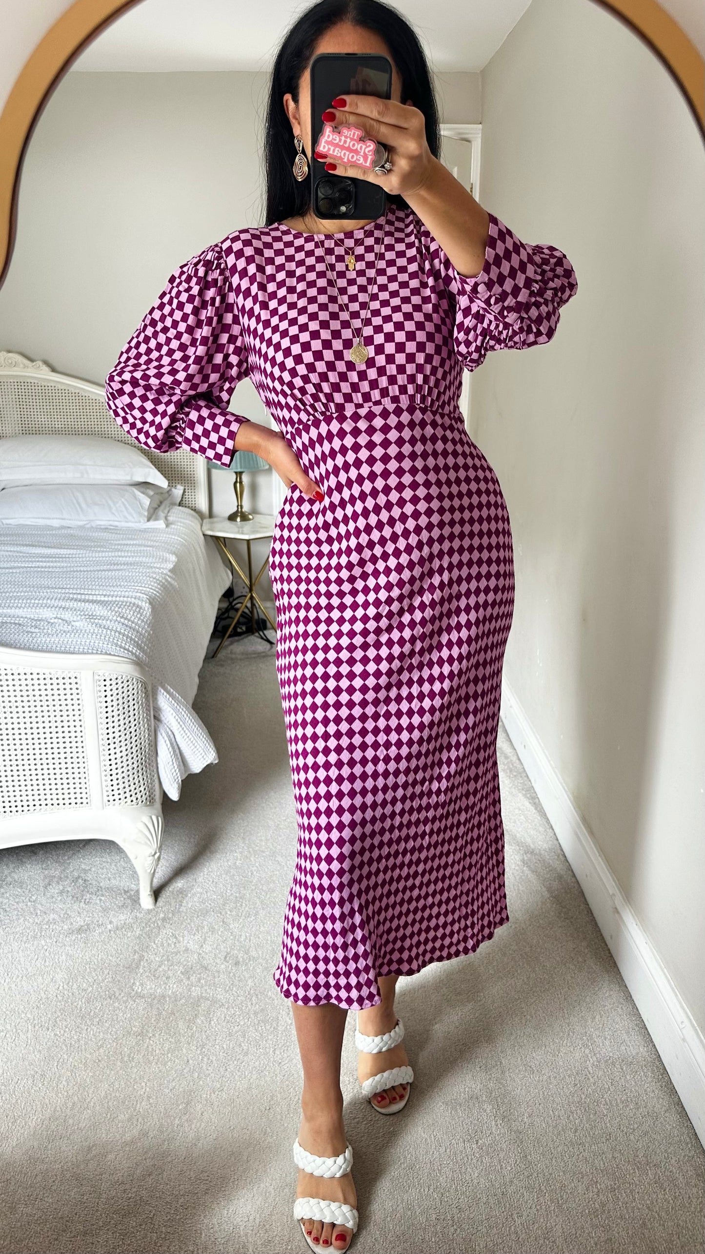 Ghost lilac purple check gingham chequered midi long dress event wedding small UK 8-10 vgc