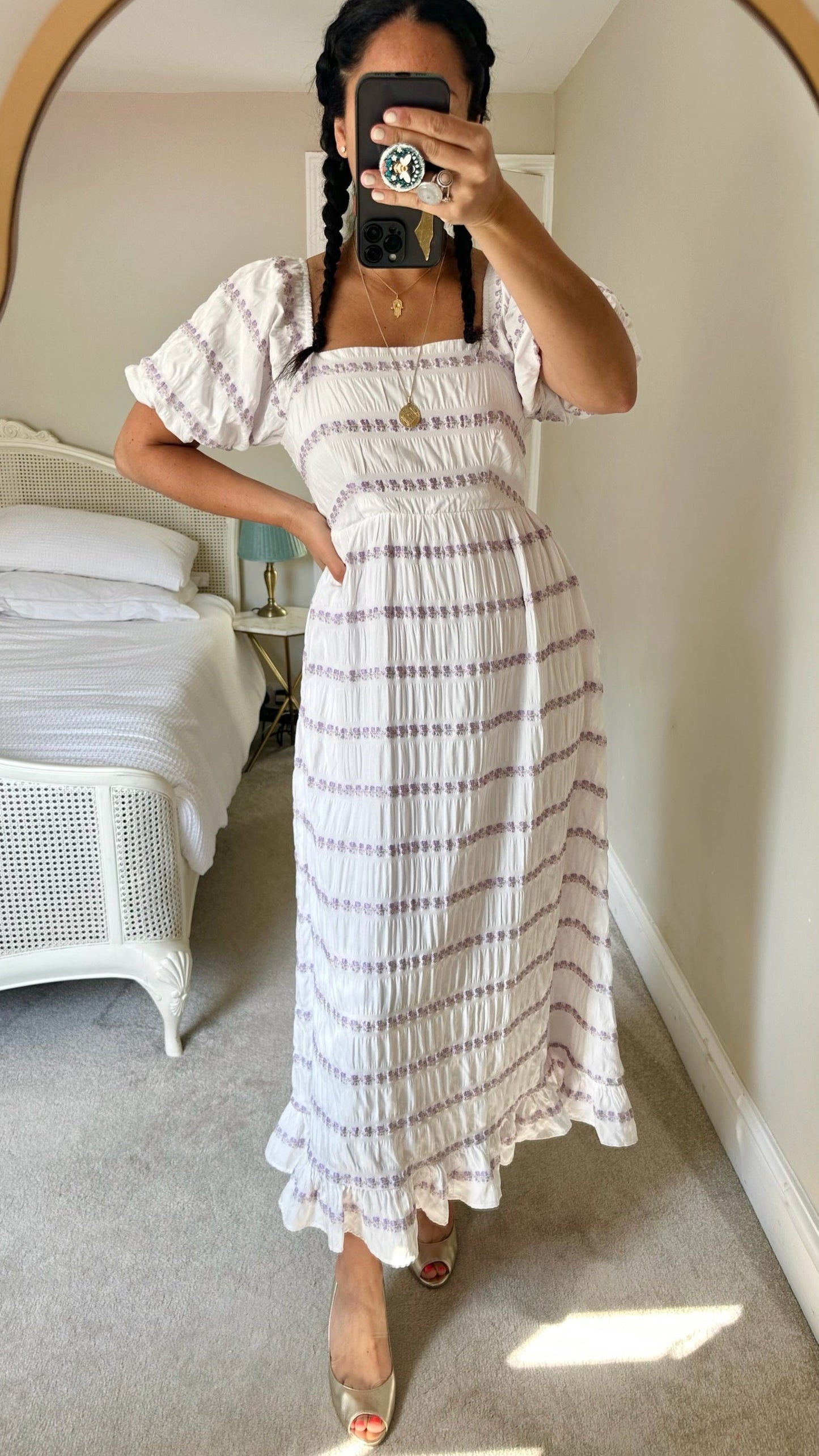 Mint velvet white lilac floral print matte tiered maxi midi dress small medium UK 10 14