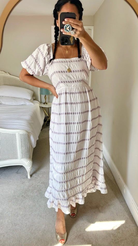 Mint velvet white lilac floral print matte tiered maxi midi dress medium UK 14