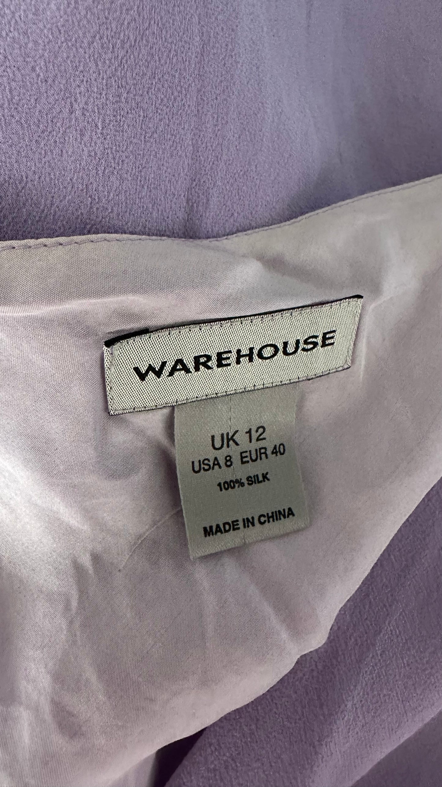Warehouse lilac purple silk midi wedding guest dress medium large UK 12 vgc