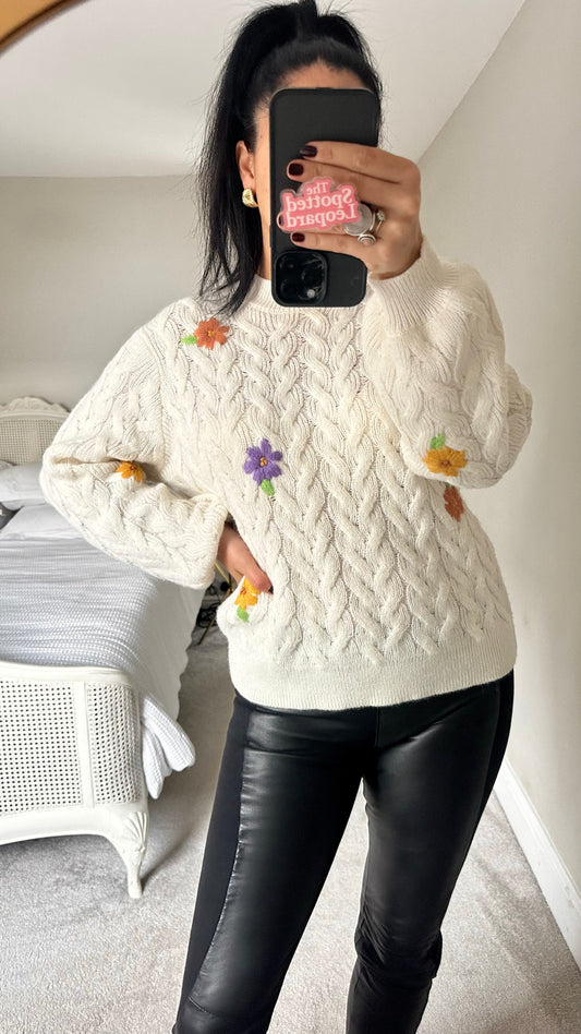 Numph @ Anthropologie cream knitted flower vintage look medium UK 10-12 vgc wool blend