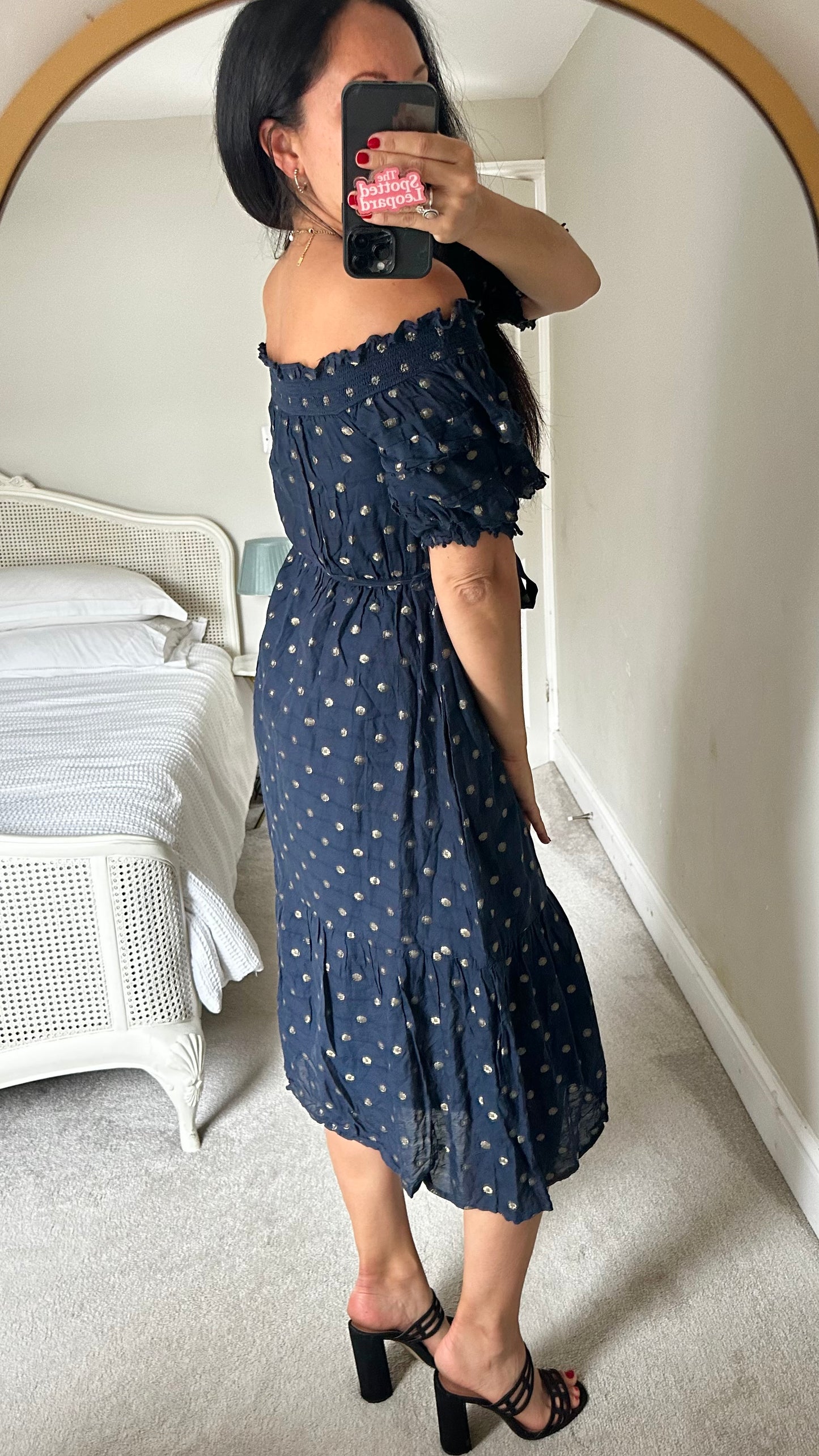 Oliver Bonas navy blue gold printed cotton event dress small UK 8 vgc