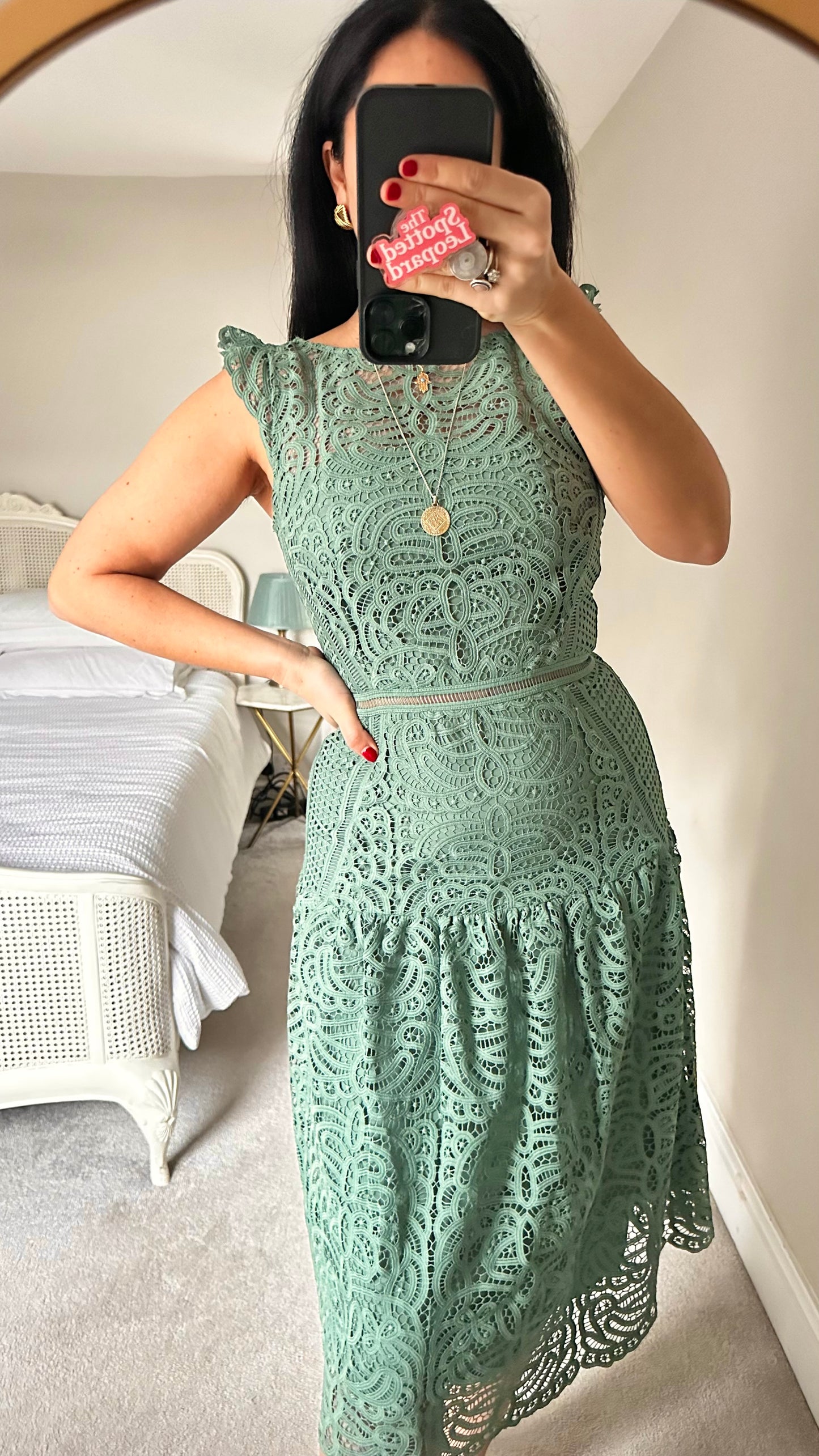 Reiss teal green wedding guest event races lace midi dress small UK 10 vgc