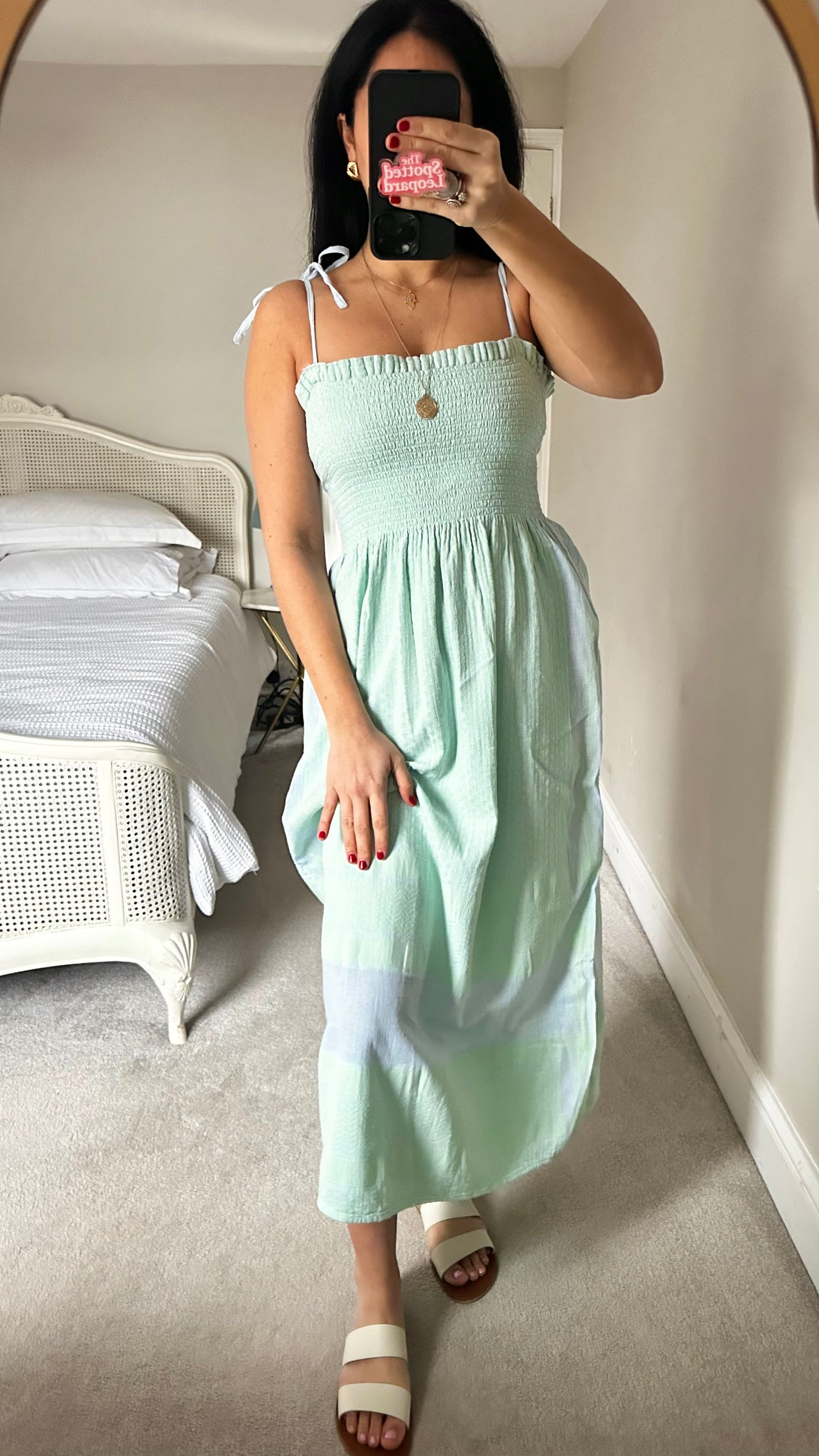 Cecilie Copenhagen mint green lilac/blue Palestinian khuffiyeh print shirred holiday summer cotton dress small UK 10-12 vgc