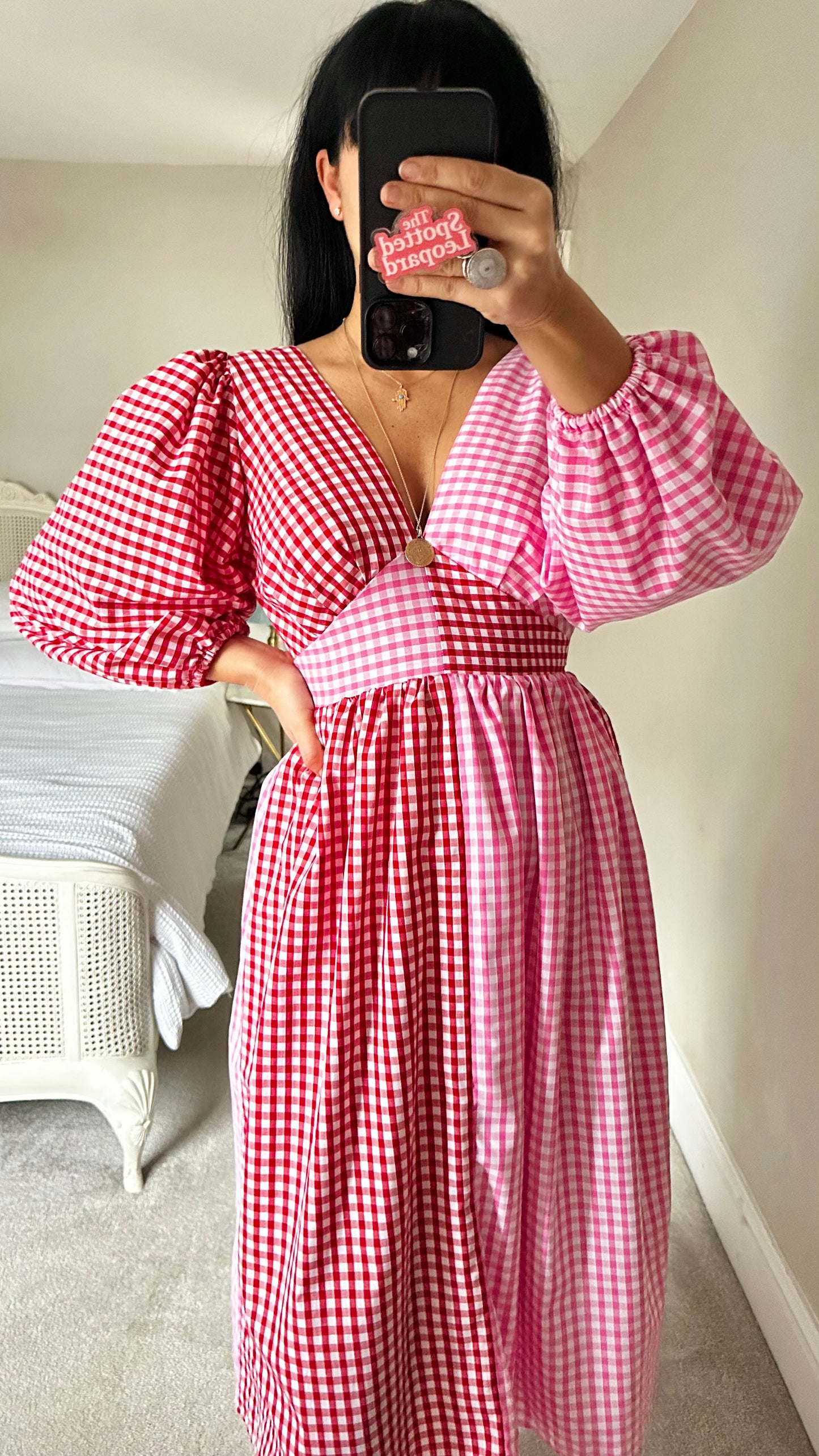 Molby the label red pink white gingham check midi dress small UK 8 vgc