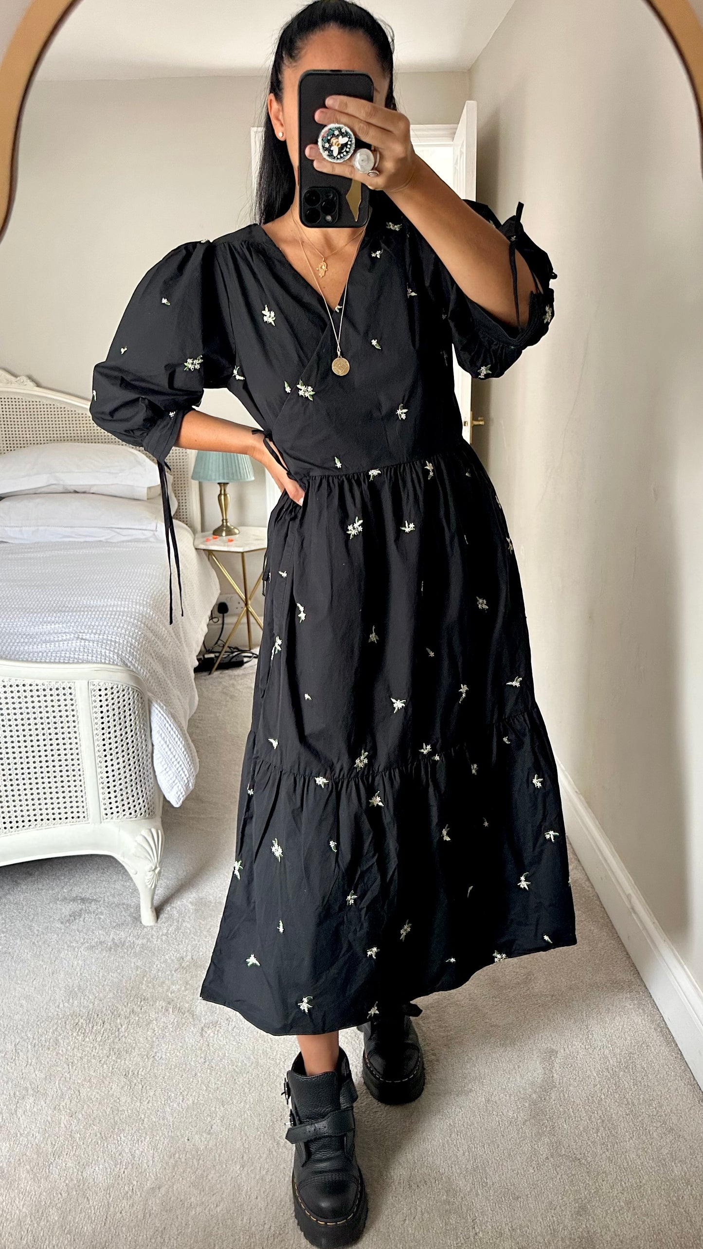 Oliver Bonas black wrap midi long dress large UK 12 vgc cotton w25