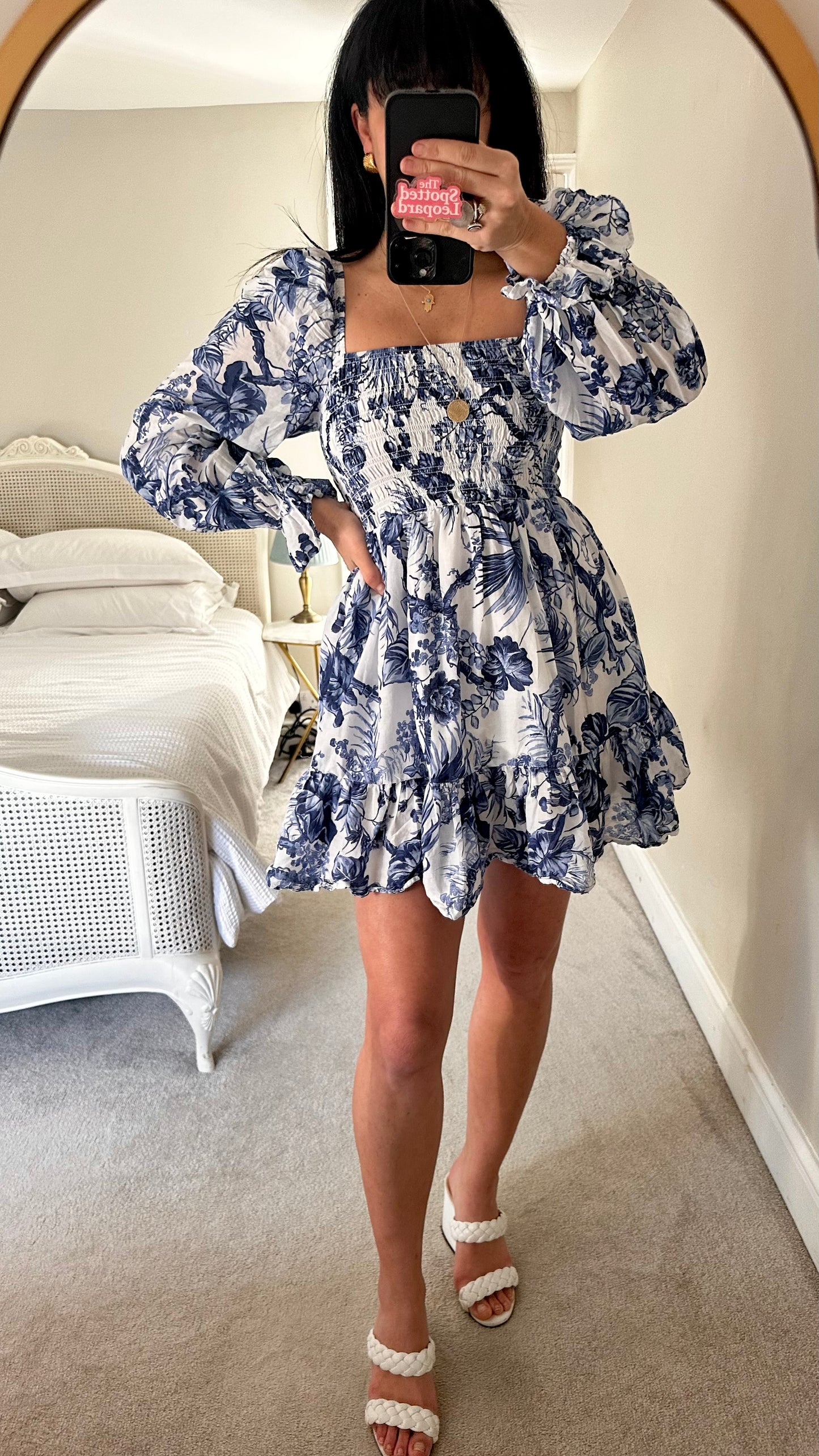 & other stories white blue floral shirred mini dress small UK 8-10 petite